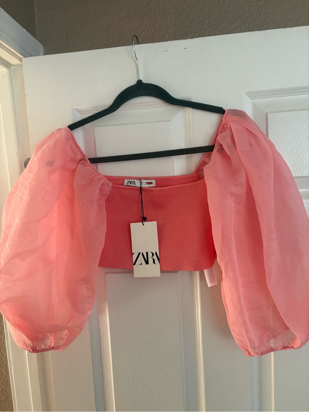 NEW Zara cropped puff sleeve blouse top pink feminine girlhoodcore NWT girly M